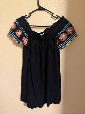 entro Black Off-Shoulder Mini Dress with Colorful Embroidery and Pom-Pom Trim